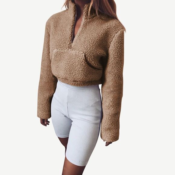 ✨ ZAFUL Women's Faux Fur Half Zip Fuzzy Sweatshirt Warm Fleece Crop Sherpa ✨ - Picture 2 of 6